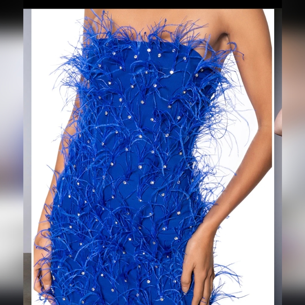 Akira Primerose Strapless Embellished Rhinestone Feathered Mini Dress Mesh M NWT